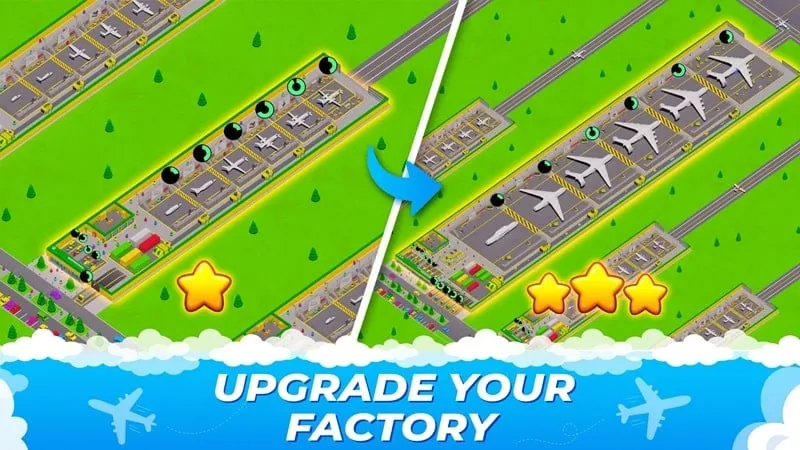 Hình ảnh minh họa tính năng nâng cấp nhà máy trong Idle Airplane Factory Tycoon
