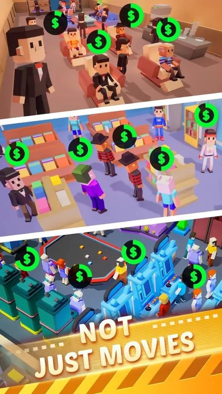 Mô tả ảnh: Giao diện trò chơi Idle Cinema Tycoon với hình ảnh khách hàng đang xem phim.