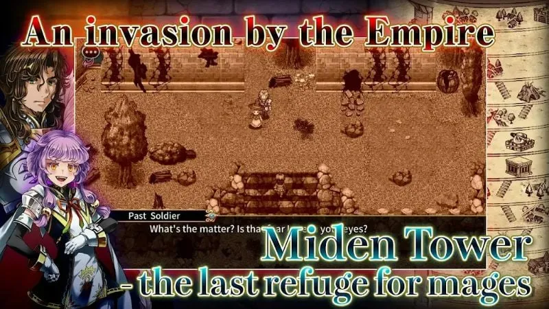 Nhân vật chính và bức tường đồng hành trong RPG Miden Tower